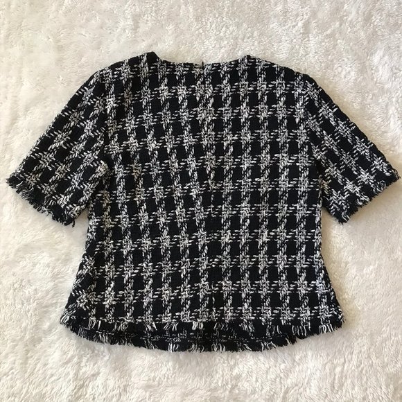 Zara Tweed Plaid Fringe Edge Top Black White M - Picture 5 of 5